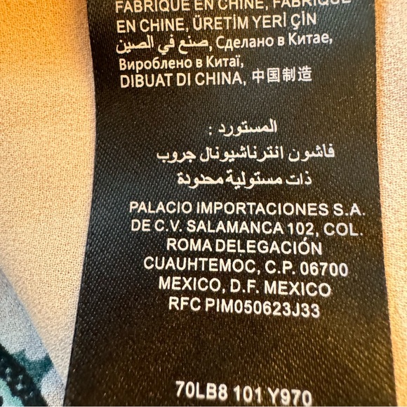 Bebe Shirred Print Dress With Ties. Size Large.  Leaf Print Navy Teal And Cream - Picture 10 of 12